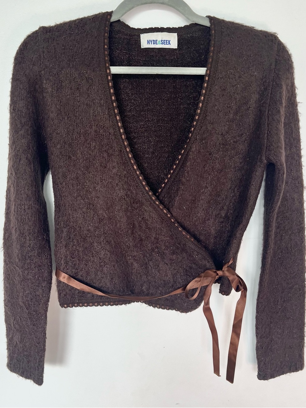 Hyde & Seek Brown Fuzzy Wrap Cardigan Sweater Made in Britain